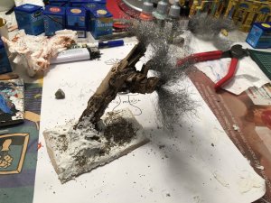Baum Tabletop Gelände Baum aus Holz und Stahlwolle auf MDF-Platte als Gelände für Tabletop