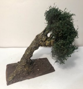 Baum Tabletop Gelände Baum aus Holz und Stahlwolle auf MDF-Platte als Gelände für Tabletop mit Beflockung